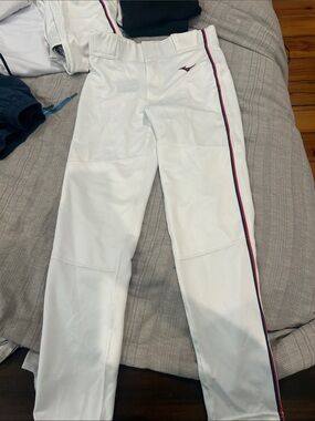 Mizuno White Baseball Pants with Navy and Red Side Stripe